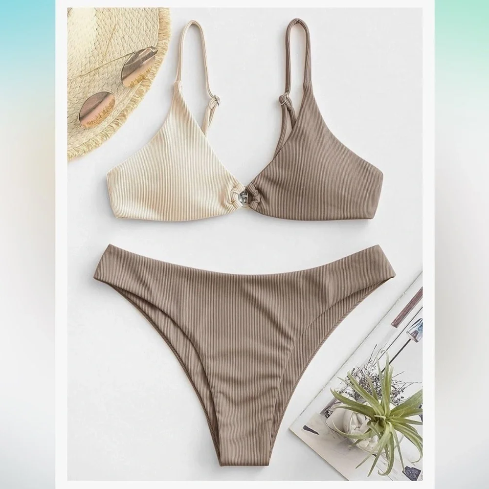 NWT ZAFUL Ribbed O-Ring String Bikini Cheeky Thong Swimwear  size small